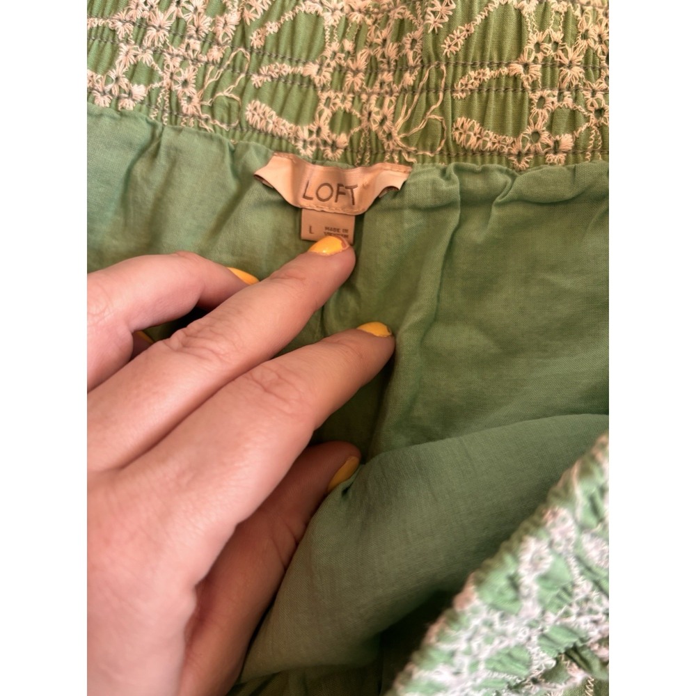 LOFT Eyelet Mini Skirt Green L Scalloped Ruffle Hem Cottagecore Boho - Picture 6 of 8